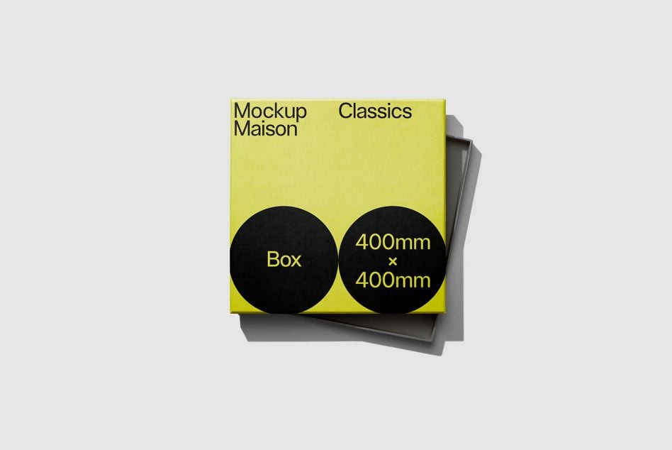 Stacked square boxes mockup, 400mm by 400mm, yellow covers with black circles