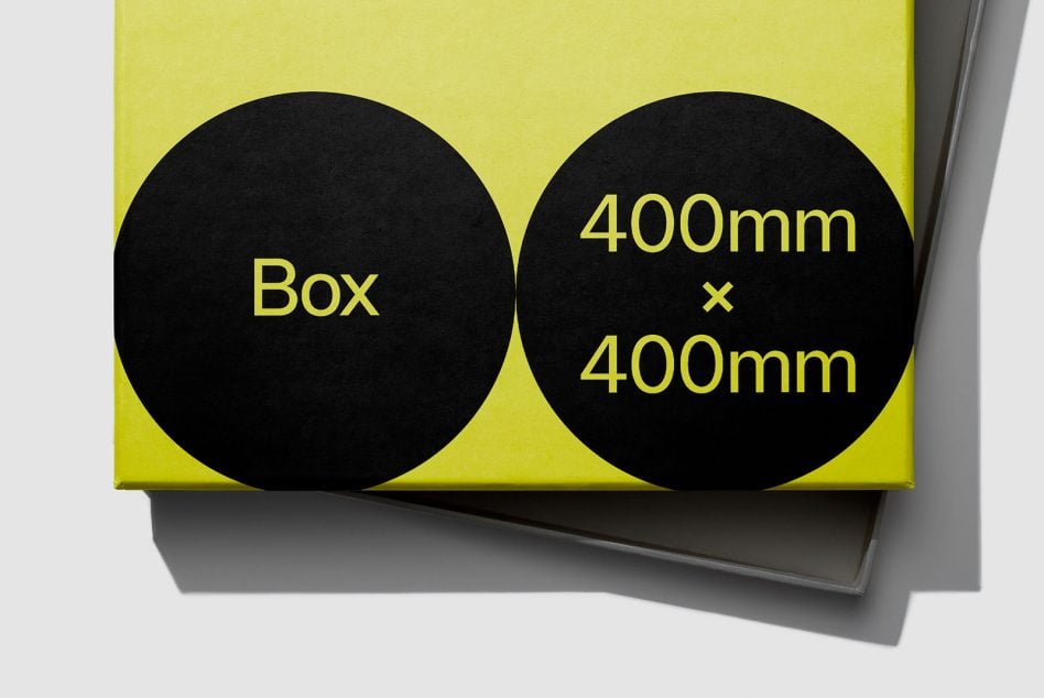Stacked box mockup 400mm by 400mm, yellow with black circles, angled view