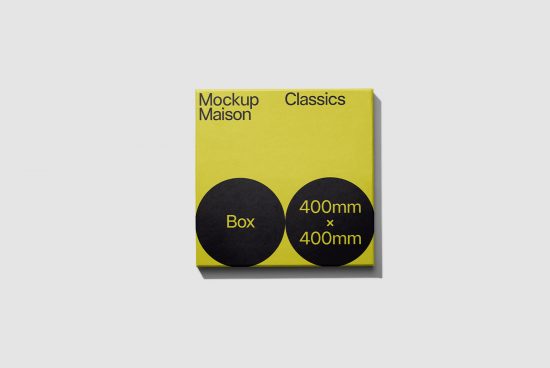 Square box packaging mockup design with minimalist style and contrasting colors suitable for product presentation, graphic display, and design showcase.