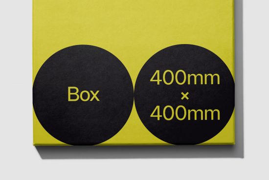 Yellow square packaging mockup with black circles and dimensions, modern design presentation, minimalist box template.