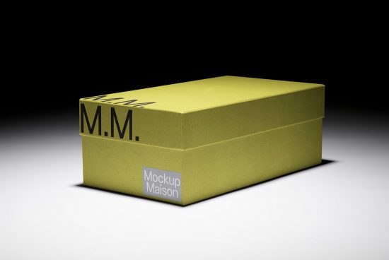 Olive green box mockup with elegant branding on dark background, ideal for packaging design presentations and product mockups for designers.