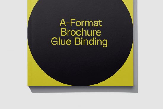 Mockup of an A-format brochure with glue binding on a two-tone background, showcasing layout for design presentation.