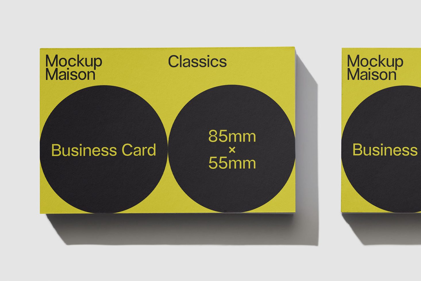 Yellow business card mockup design template standing with shadow effect for branding identity and corporate presentation.