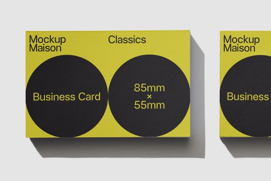 Yellow business card mockup design template standing with shadow effect for branding identity and corporate presentation.