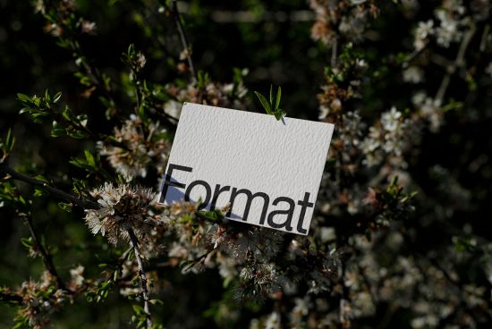 Card with word Format pinned onto flowering bush, nature mockup, springtime design template, clear typography, outdoor graphics presentation.