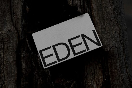 Business card mockup with bold font EDEN text inserted in a natural wooden texture, ideal for eco-friendly brand presentation