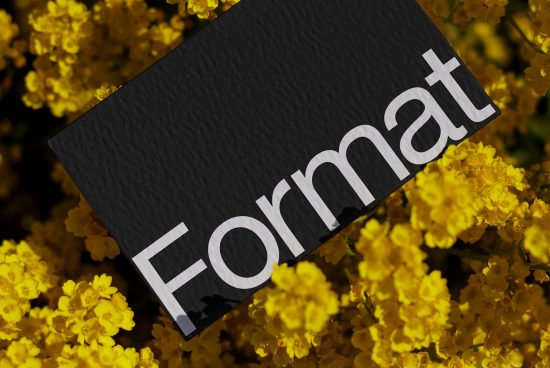 Elegant font presentation on dark business card mockup surrounded by yellow flowers, ideal for showcasing typography and design assets.