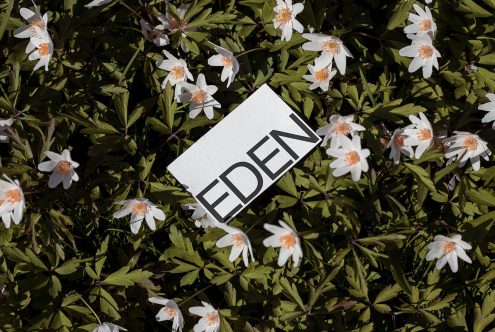 Elegant card mockup with the word 'EDEN' lying among blooming flowers, ideal for garden-themed graphic design presentations.