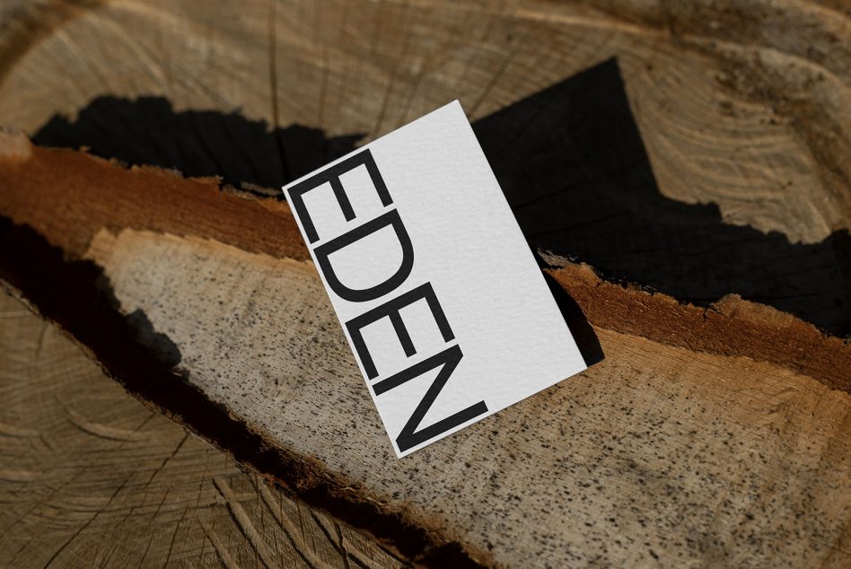 Business card mockup with bold 'EDEN' text, resting on a textured wooden log cross-section, ideal for natural branding presentation.