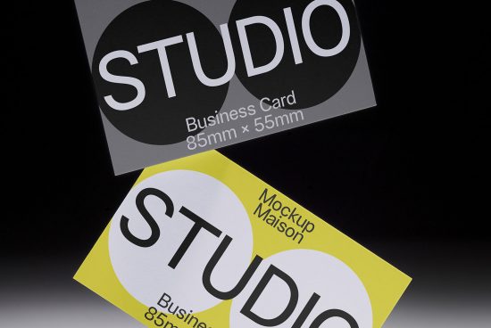 Business card mockup with black and yellow cards showcasing design layout SEO optimized for graphic designers and creatives.