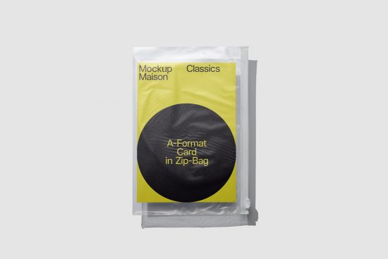 Realistic A-Format card mockup in transparent zip bag on plain background, ideal for design presentations and branding.