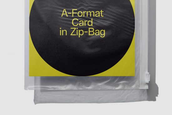 Yellow and black A-format card mockup partially out of a zip bag, ideal for presentation and design showcasing.