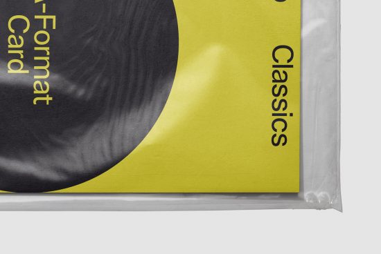 Yellow and black vinyl record cover mockup with modern design, partial view on textured background, ideal for graphics and templates.