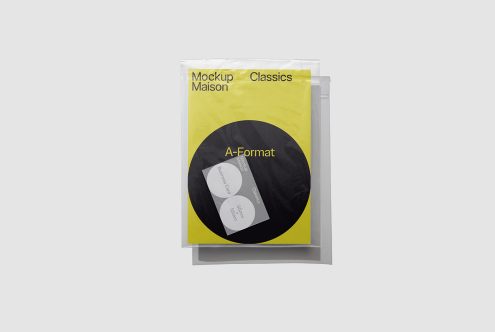 Magazine mockup design in clear plastic wrap on a neutral background, showcasing A-Format cover, perfect for graphic presentations and portfolio displays.