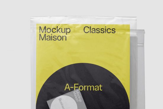 Yellow packaging mockup with minimalist design, labeled Mockup Maison and A-Format, ideal for product presentation by designers.