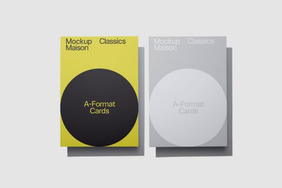 Two A-Format card mockups in yellow and grey, with circle design elements, showcasing front cover designs for branding presentations.