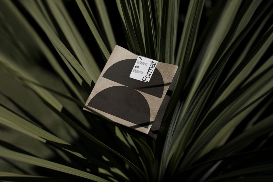 Format magazine positioned on palm leaves shot from above