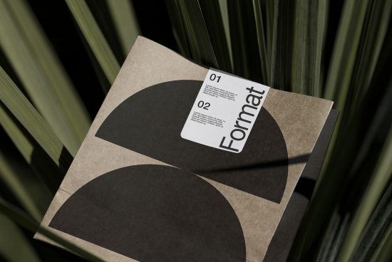 Elegant magazine mockup on palm leaves, showcasing cover design with abstract geometric shapes, ideal for modern template presentations.