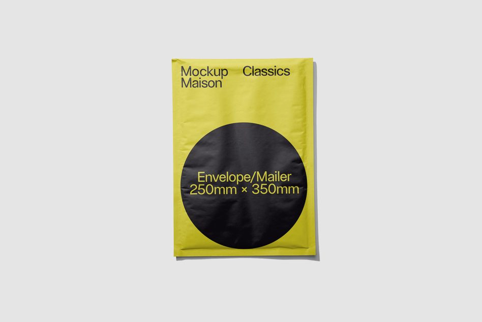 Compact yellow padded envelope with black circle mockup, dimensions labeled inside