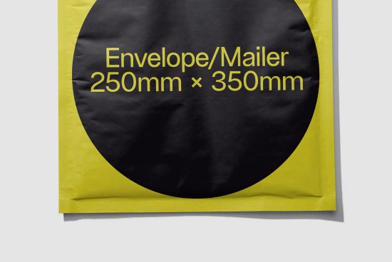 Yellow and black envelope mockup for packaging design templates, featuring dimensions 250mm x 350mm, ideal for graphic presentations.