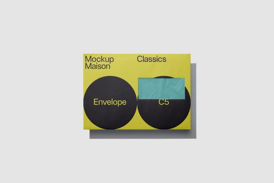 Professional envelope mockup in a yellow-black theme showcasing C5 size for branding and stationery designs, perfect for designers' presentations.