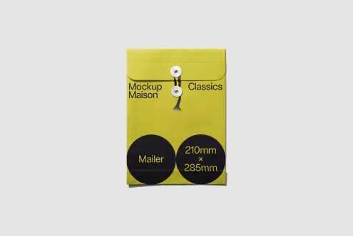 Yellow envelope mockup with string closure and label graphics, dimensions 210mm by 285mm, for presentation and design packaging.