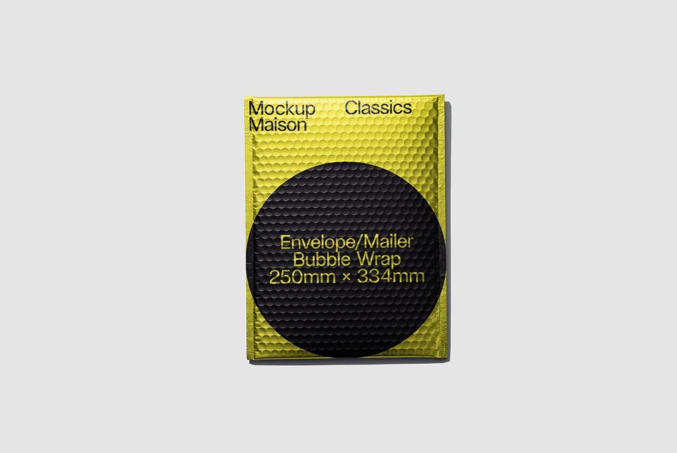 Yellow mailer with textured bubble wrap surface, black circle overlay showing envelope dimensions