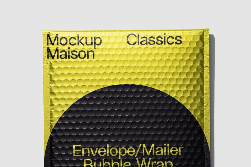 Bright yellow bubble mailer envelope mockup with dark textured circle design area