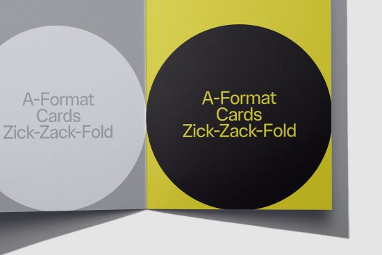 Mockup of A-Format zick-zack fold cards with sharp typography on yellow and grey, ideal for presentations and portfolio displays.