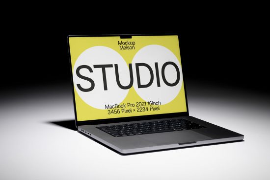 Laptop mockup with high-resolution screen on dark background, showcasing design template, ideal for presentations, digital assets, designers.