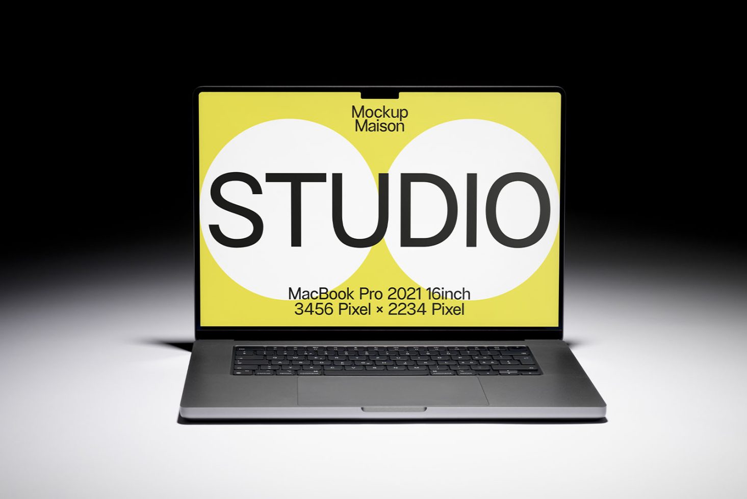 Laptop mockup showcasing MacBook Pro with a yellow graphic design stating STUDIO, suitable for designers and high-resolution display needs.