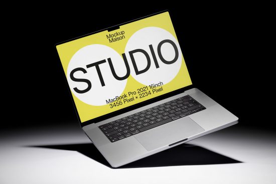 Laptop mockup on dark background featuring editable screen for design presentation, digital assets, MacBook Pro 2021 model for designers.