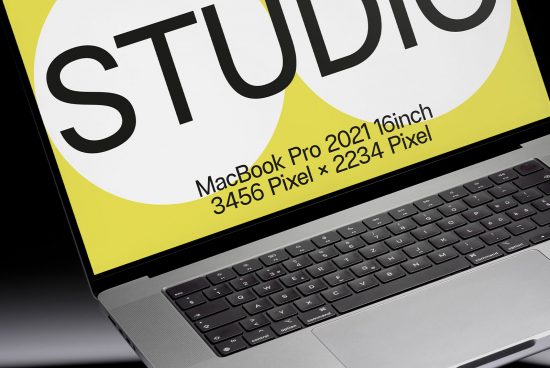 Close-up of MacBook Pro 2021 for mockup design display, studio label visible, high screen resolution details for graphic designers.
