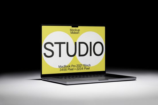Laptop mockup for MacBook Pro 2021, 16-inch high-resolution display, vivid minimalist design on a sleek black background, digital asset for designers.