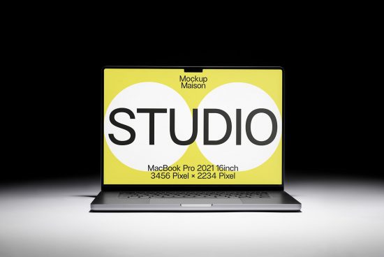 Laptop screen mockup displaying bold STUDIO text, MacBook Pro 2021 model, designers asset for digital presentation, 3456x2234 resolution.