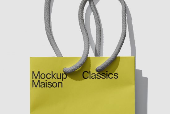 Yellow shopping bag mockup with gray rope handles and shadow on white background for design presentation.