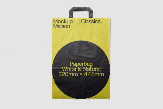 Yellow and black paper bag mockup with dimensions, isolated on a white background, perfect for showcasing shopping bag designs and branding.