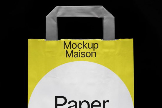 Yellow paper bag mockup on black background with editable design for branding, packaging mockup, design assets for graphic designers.