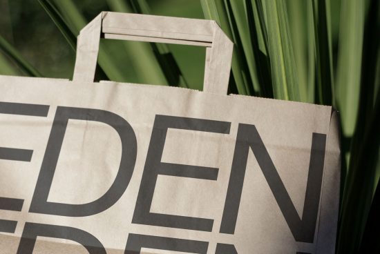 Paper bag with bold typography design displaying the word EDEN, set against a natural green plants background, ideal for eco-friendly mockup.
