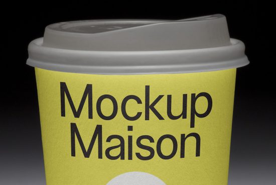 Paper cup mockup with plastic lid on a black background showcasing branding space for design assets in the Mockups category.