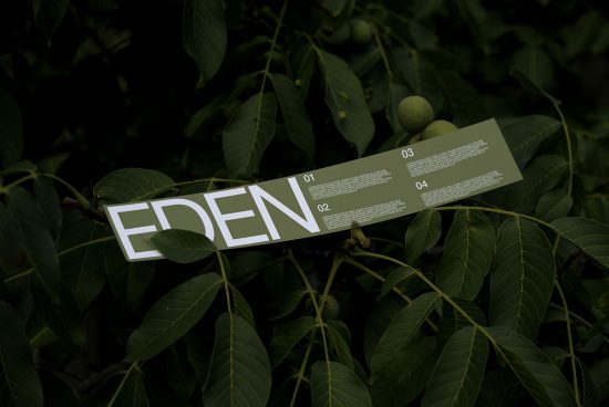 Natural themed graphic label design mockup, "EDEN" text overlay, integrated with leafy green background for eco-friendly product branding.