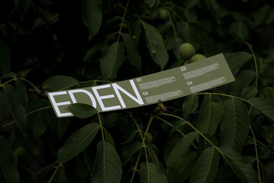 Sage green branded ribbon mockup with EDEN lettering in leaves