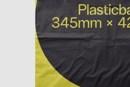 Yellow and black wrinkled plastic bag mockup with dimensions, suited for packaging design display in Mockup category for designers.