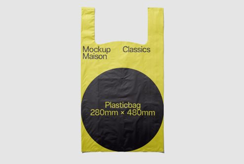 Yellow plastic bag mockup with black round design element, clear background, for graphics display, packaging mockup, design resources.