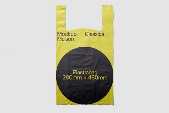 Yellow plastic bag mockup with black round design element, clear background, for graphics display, packaging mockup, design resources.