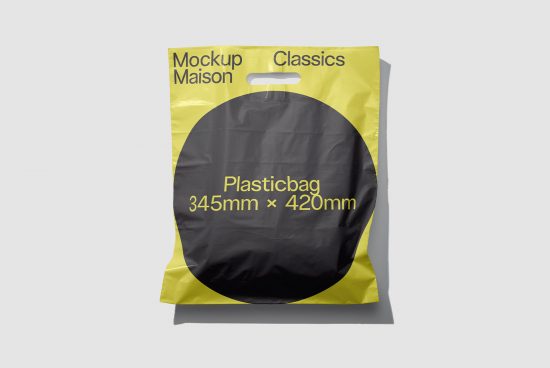 Yellow and black plastic bag mockup with dimensions, ideal for product packaging presentations and design showcases in the Mockups category for designers.