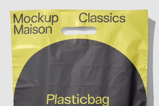 Yellow and black plastic bag mockup with simple typography design on a neutral background for branding presentations and packaging design.
