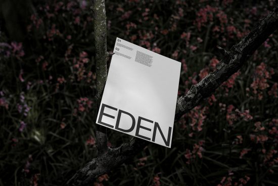 Magazine mockup with bold EDEN typography on floral background, perfect for presentations, digital asset designers, portfolio showcase.