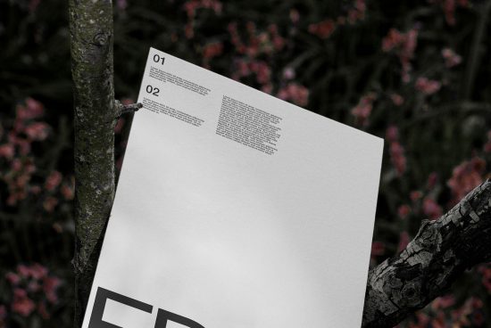 Paper mockup pinned to a tree showcasing typographic design with nature background ideal for graphics presentation.