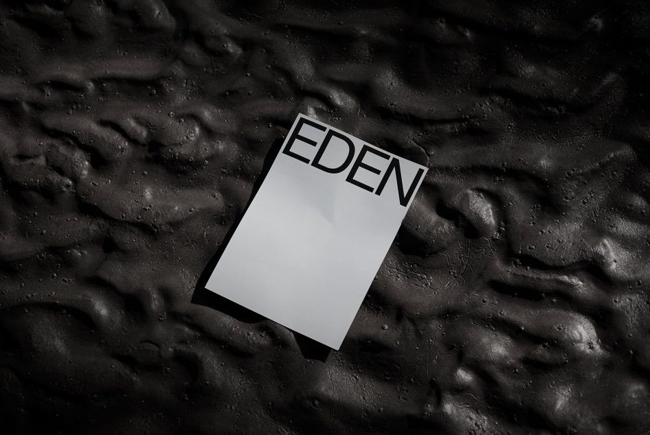 Blank white card mockup with EDEN logo on dark textured backdrop